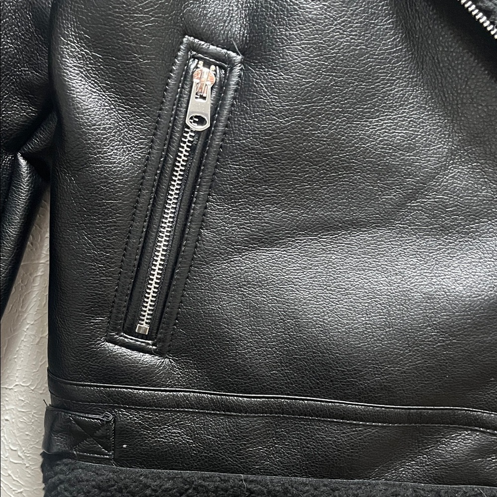 Black Faux Shearling Moto Biker Jacket Cropped Sherpa Lined - Picture 5 of 9